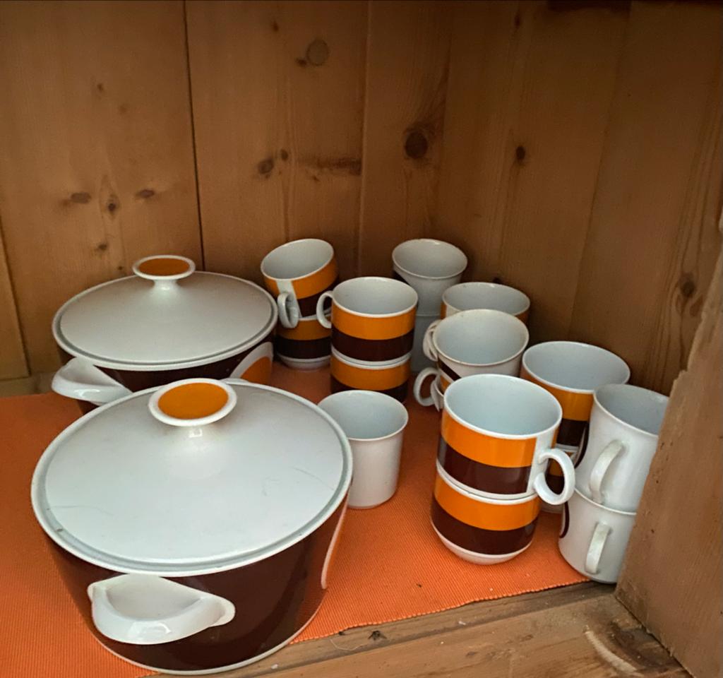 Prachtig vintage servies met oranje en bruine accenten, Ophalen, Gebruikt, Keramiek, Overige stijlen