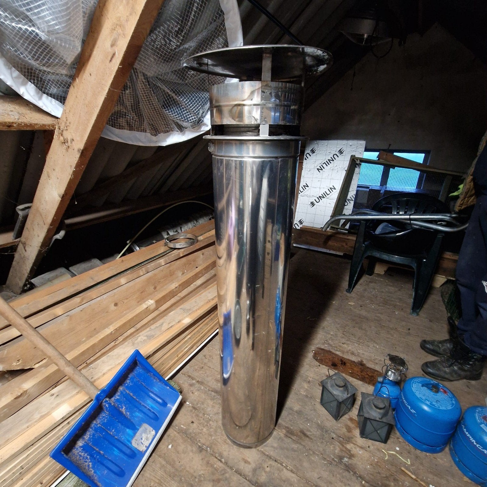 RVS dubbelwandige kachelpijp met kap en loodslab, Doe-het-zelf en Verbouw, Gebruikt, Kachel, Minder dan 60 cm, Ophalen of Verzenden