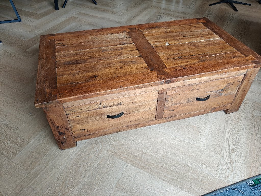 Teak houten salontafel, Ophalen, Robuust landelijke, Gebruikt, 50 tot 100 cm