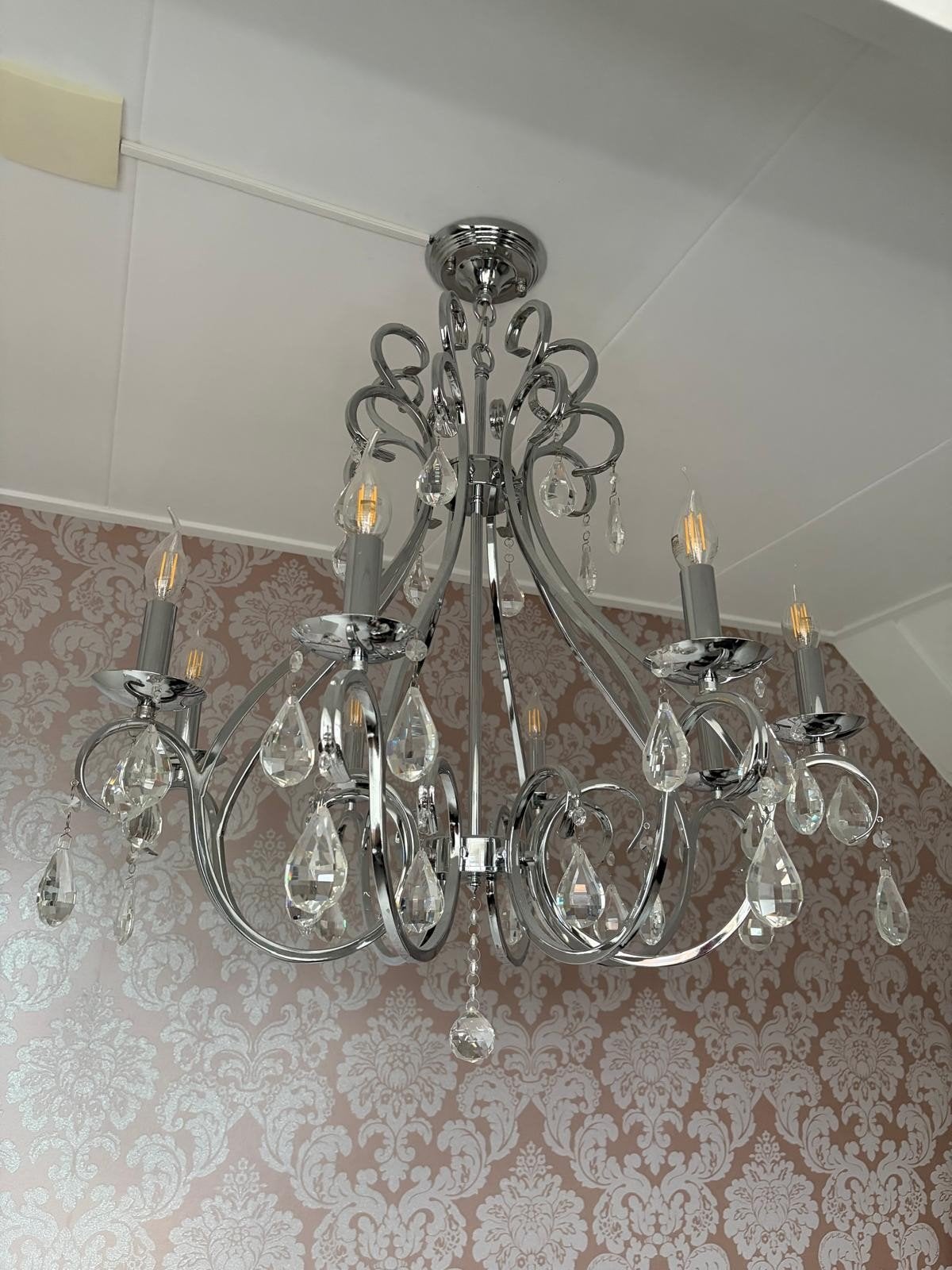 Moderne chromen kroonluchter met 8 armen + gratis wandlampje, Huis en Inrichting, Ophalen, Zo goed als nieuw, Glas, Modern, Klassiek