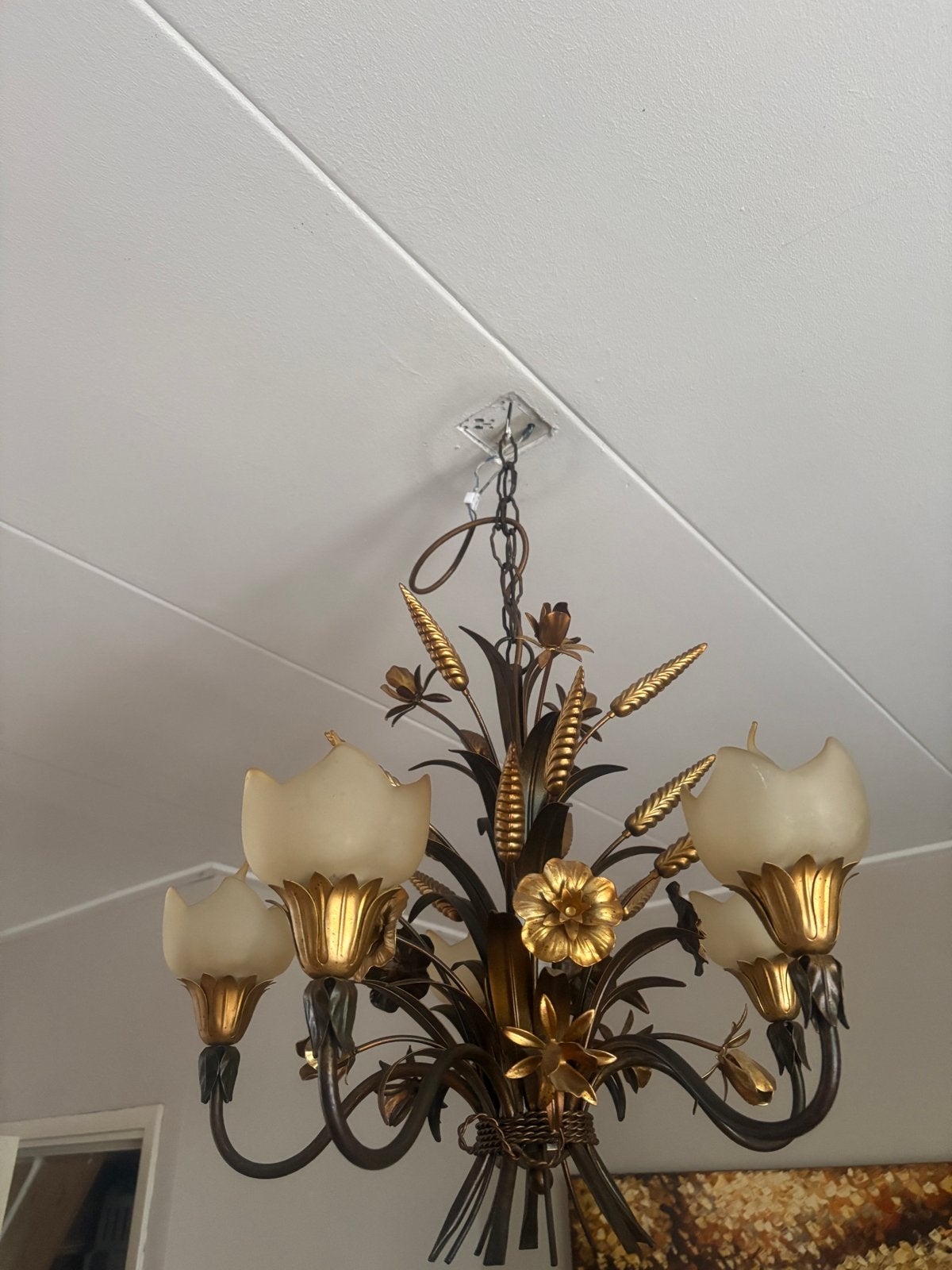 Vintage Kroonluchter met Bloem- en Graanmotieven, Ophalen, Gebruikt, Metaal, E14 (klein)