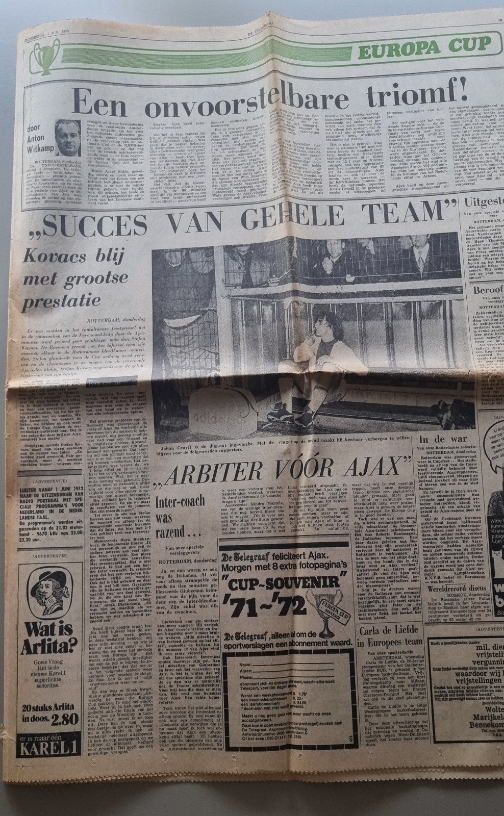 De Telegraaf - Ajax - Inter (2-0 Europa Cup 1972), Ophalen of Verzenden, Gebruikt, Ajax