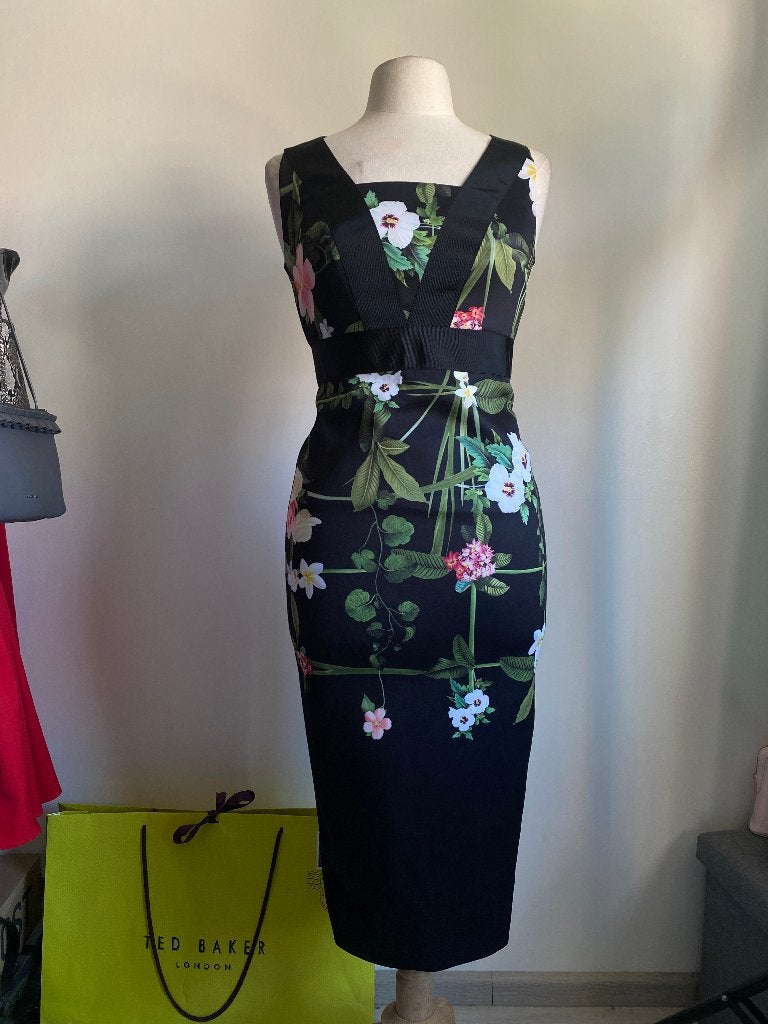 Ted Baker jurk met bloemenprint - Maat 38, Maat 38/40 (M), Zwart, Ophalen of Verzenden, Zo goed als nieuw