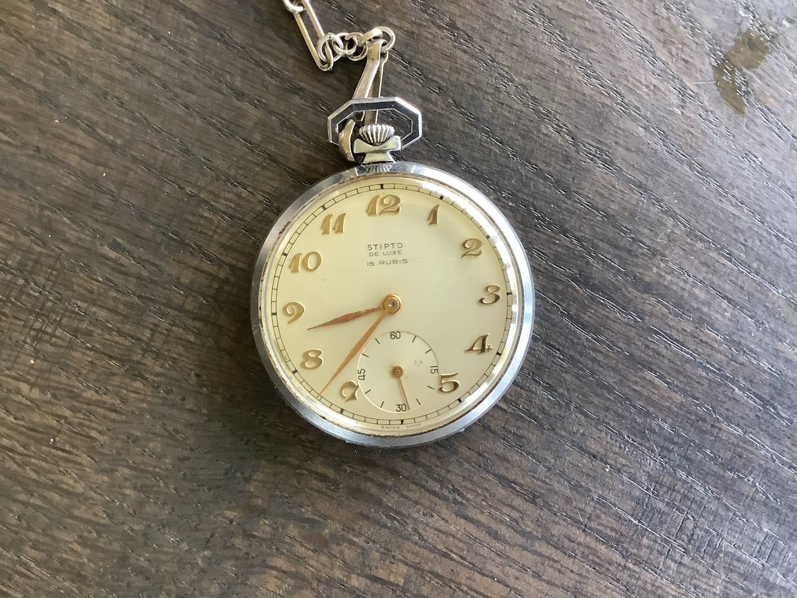 Antiek Stipto zakhorloge met ketting, Sieraden, Tassen en Uiterlijk, Antieke sieraden, Ophalen of Verzenden, Zilver, Overige typen