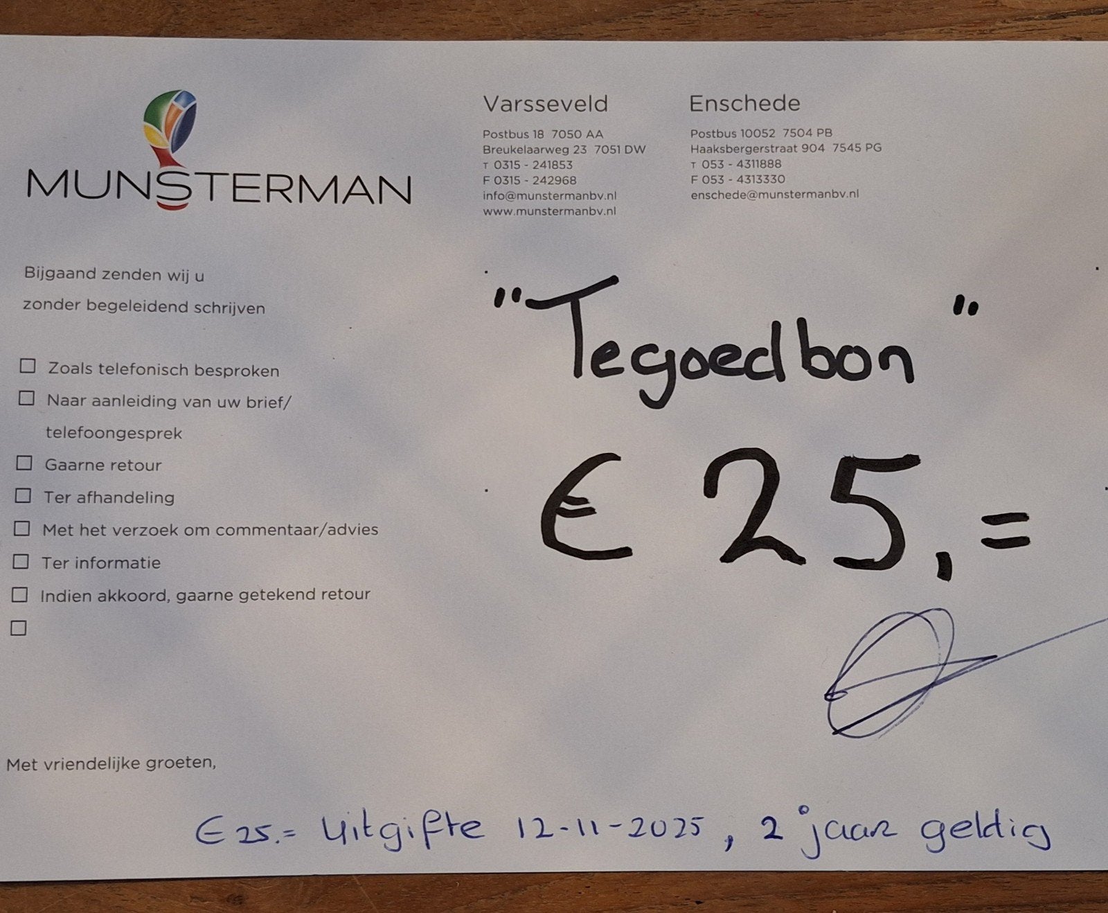Tegoedbon van Munsterman (heftruckdealer) t.w.v. €25,00, Eén persoon, Cadeaubon, Overige typen