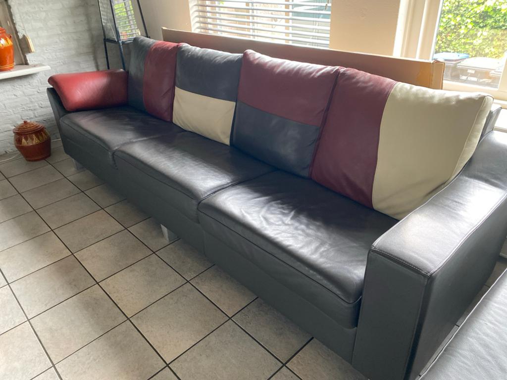 Design Leren Bank - Grijs, Rood, Ivoor - 2.95m - Perfecte St, Huis en Inrichting, Ophalen, 250 tot 300 cm, Zo goed als nieuw, Rechte bank