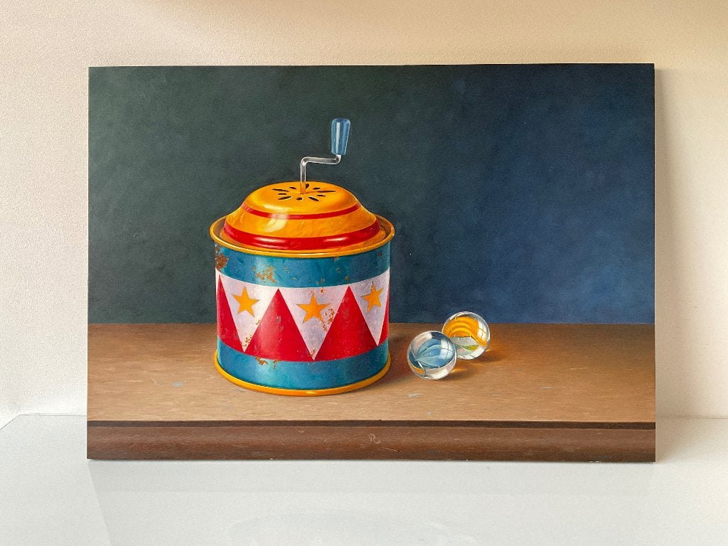 Bijzonder olieverf schilderij van tinnen speeldoosje 30x43cm, Antiek en Kunst, Ophalen of Verzenden
