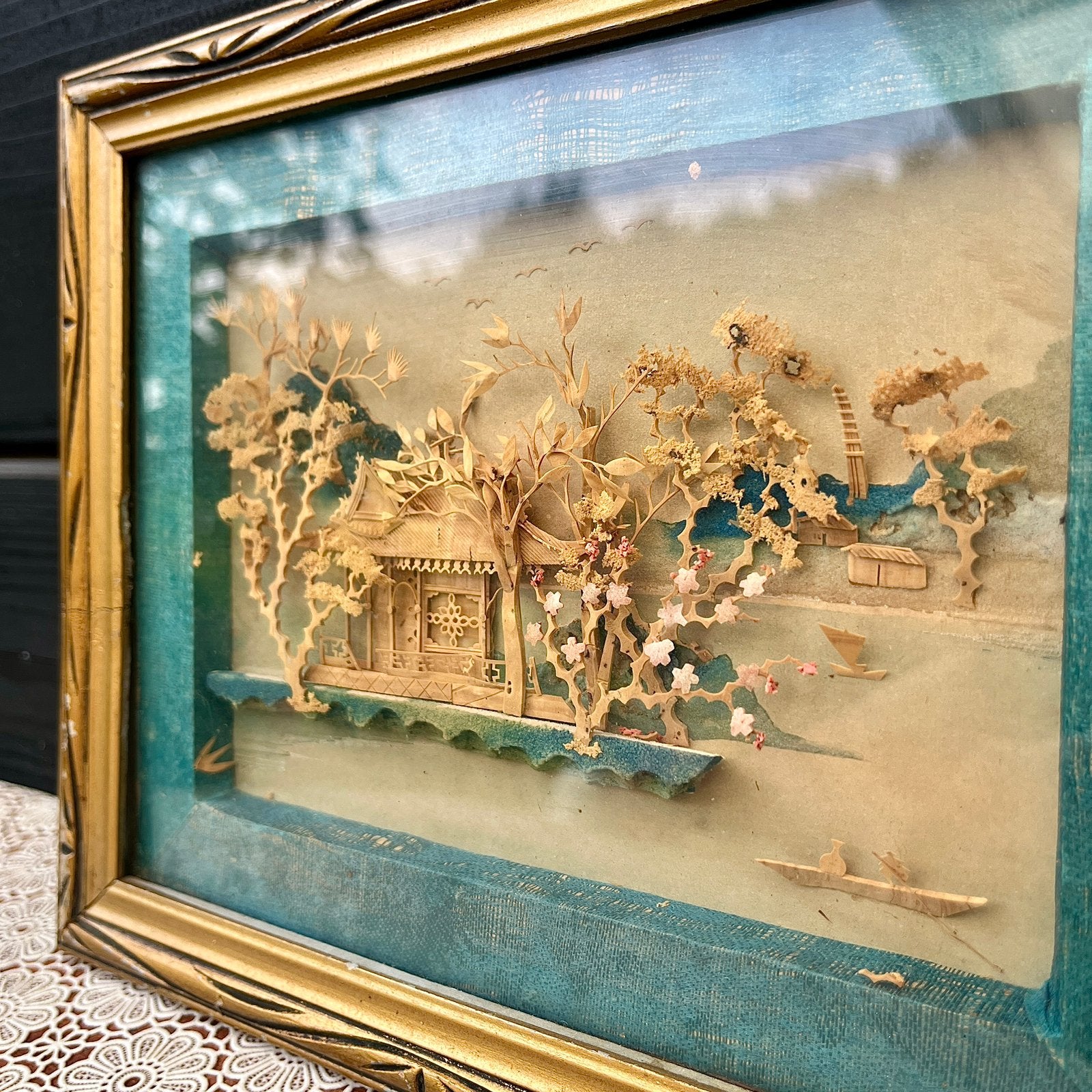Vintage Chinees Kurkkunst Diorama – 3D Shadow Box -Jaren '70, Achter glas, Overige technieken, Ophalen of Verzenden, Landschap