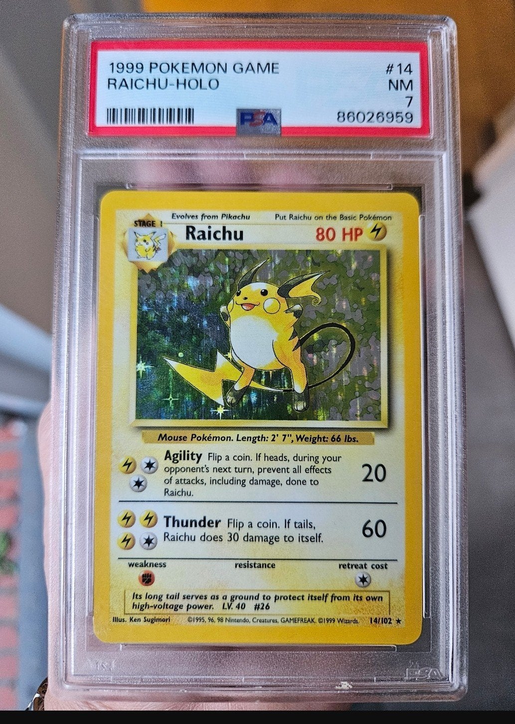 1999 Pokémon Game Raichu Holo #14 PSA 7 NM, Verzenden, Zo goed als nieuw, Losse kaart, Foil