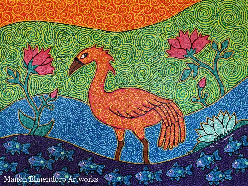 60x80cm Uniek Handgeschilderd Schilderij "Red Riverbird"', Acrylverf, Ophalen of Verzenden, Dieren, Overige materialen