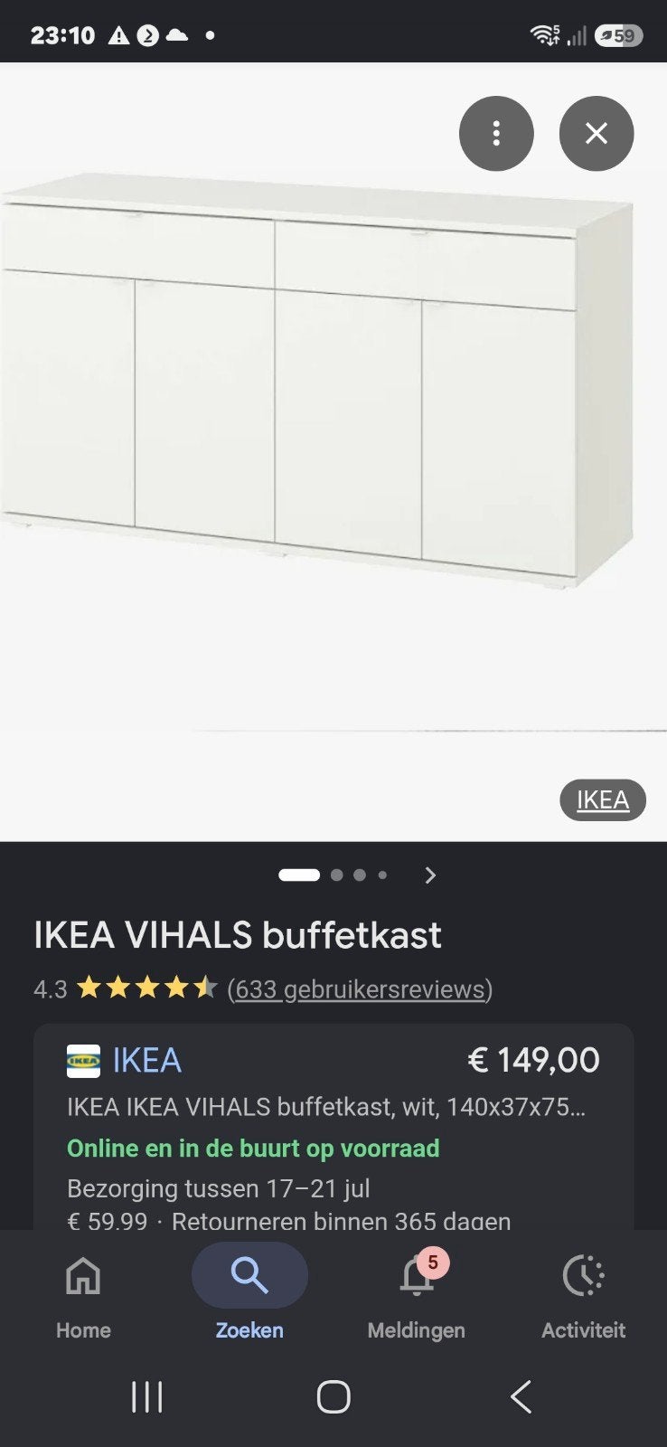 Ikea VIHAlS Buffetkast/Dressoir wit, Ophalen, Gebruikt, 100 tot 150 cm, Minder dan 100 cm
