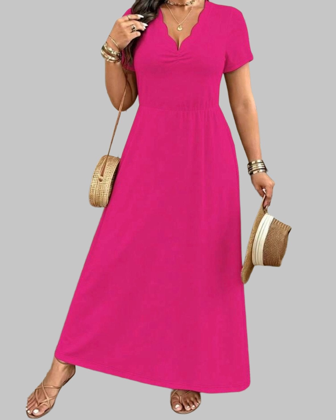 Maxi Jurk met V-hals Felroze (44-52), Kleding | Dames, Verzenden, Nieuw, Roze, Jurk