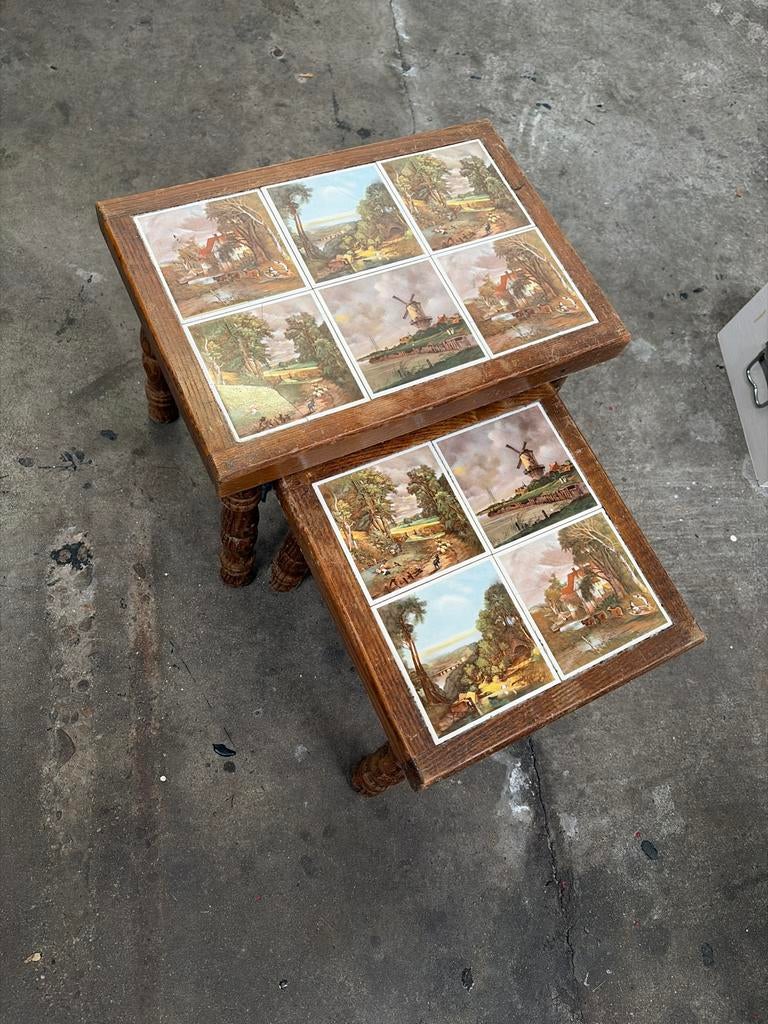 Set van 2 vintage krukjes met tegeltjes, Ophalen, Gebruikt, Hout