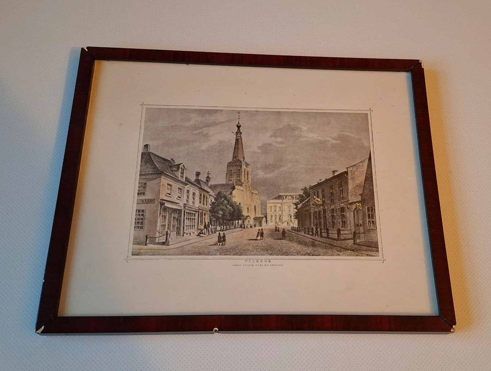 Historische prent Tilburg: Markt, Heikese Kerk, Stadhuis, Antiek en Kunst, Ingelijst, 1800 - 1899, Cartografie, Ophalen of Verzenden