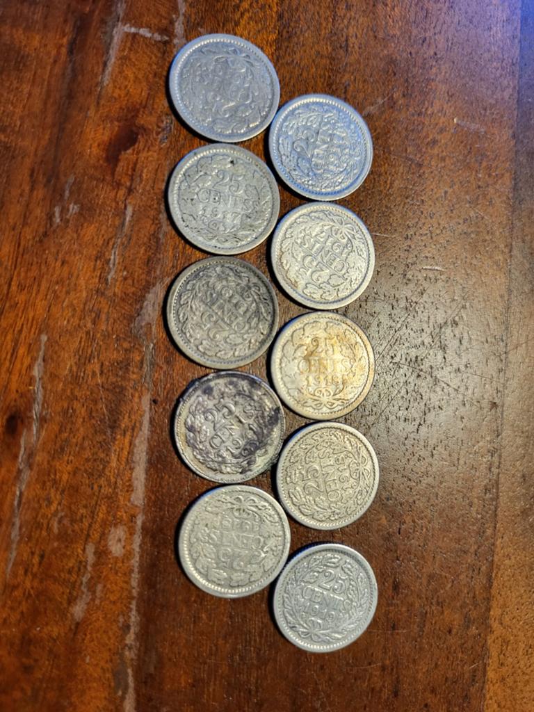 10 zilveren kwartjes, diverse jaartallen., Postzegels en Munten, Munten | Nederland, Ophalen of Verzenden, Koningin Juliana, 25 cent