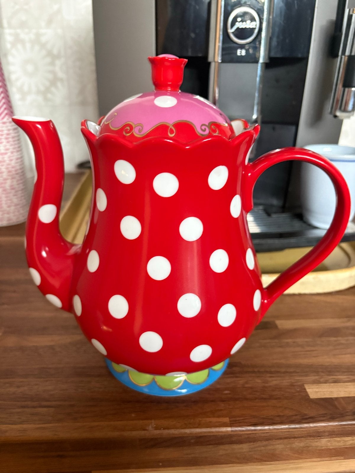 Oilily Theepot / Koffiepot - Rood met stippen, Theepot/fluitketel, Gebruikt, Ophalen of Verzenden, Steen/keramiek