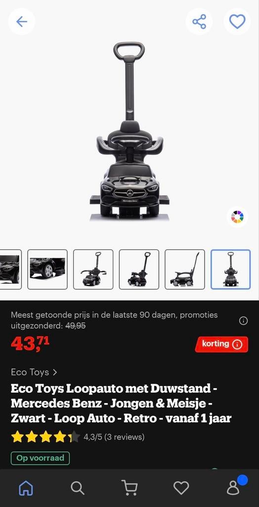 Eco Toys Loopauto Mercedes Benz Zwart met Duwstang, Ophalen, Zo goed als nieuw, Loopvoertuig