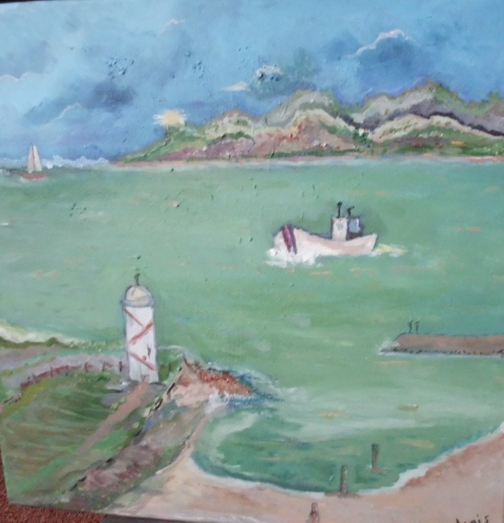 Zee gezicht met boten ., Acrylverf, Overig onderwerp, Ophalen of Verzenden, Overige materialen