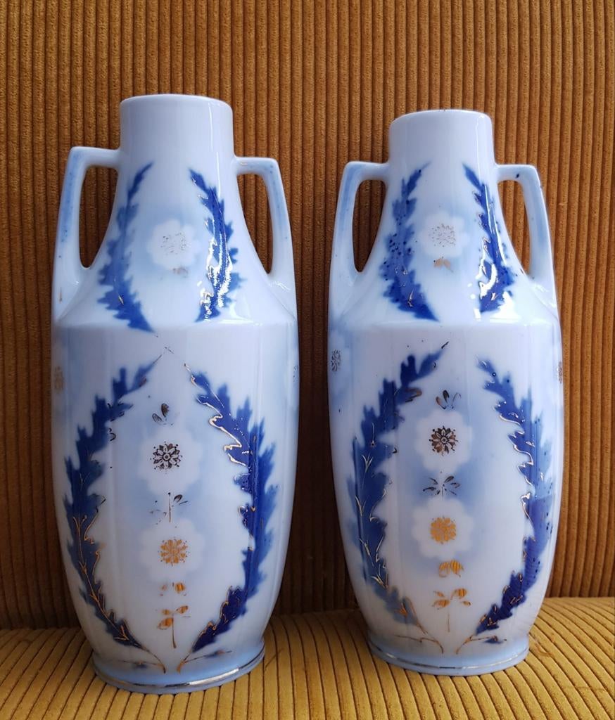 Set van 2 Art Deco Porseleinen Vazen met Blauw en Goud Decor, Antiek en Kunst, Ophalen of Verzenden
