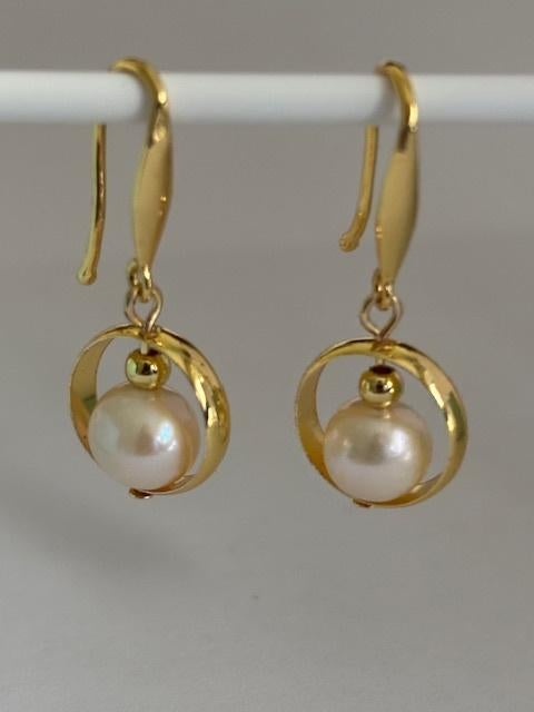 Prachtige Parel Oorbellen met witte Akoya parels, 14K Goud, Hangers, Wit, Nieuw, Ophalen of Verzenden