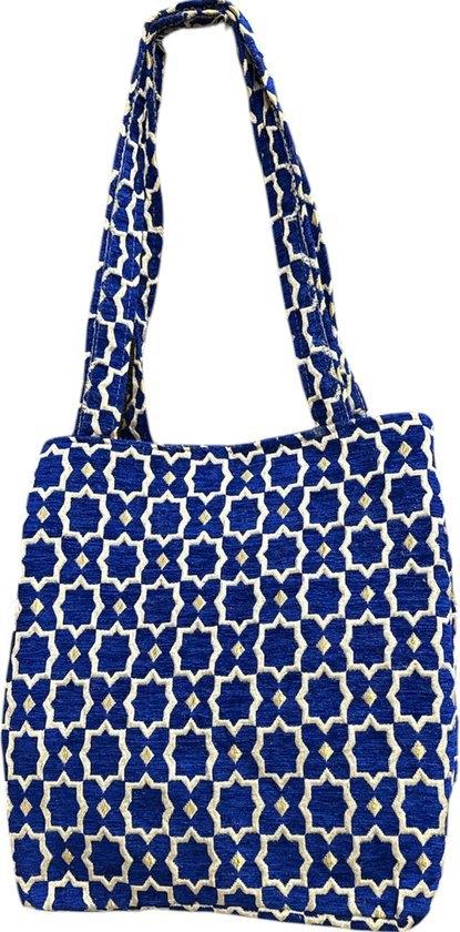 Handgemaakte Fluwelen XL Shopper met Gouden Accenten -Blauw, Ophalen of Verzenden, Nieuw, Blauw, Shopper