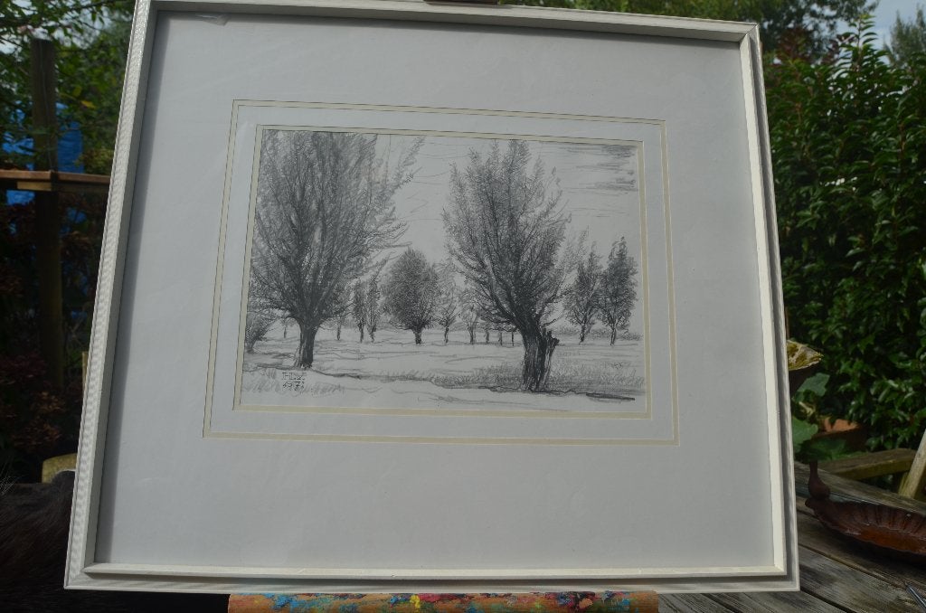 9 x Hendrik Voskuijl (1893 - 1980) potloodtek. 'bomen' (1), Antiek en Kunst, Landschap, Passe-partout, Papier/karton, Ophalen of Verzenden