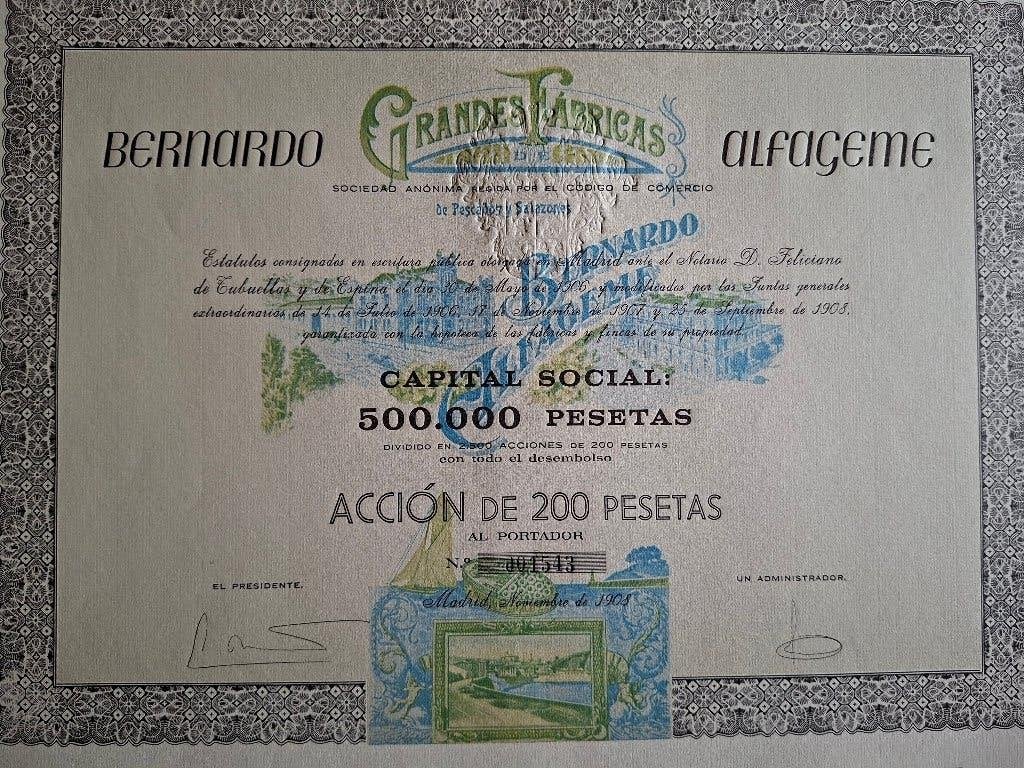 Grands Fábricas Bernardo Alfageme, Madrid 1908, Ophalen of Verzenden, Aandeel