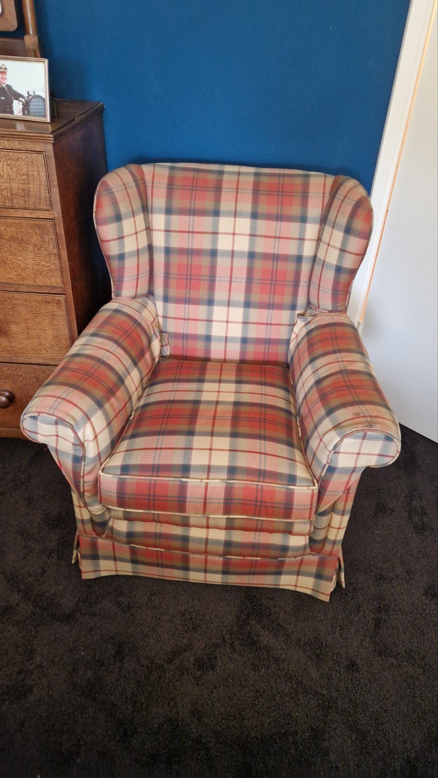 Comfortabele geruite fauteuil, Huis en Inrichting, Fauteuils, Ophalen, Gebruikt, Klassiek, geruit, 75 tot 100 cm