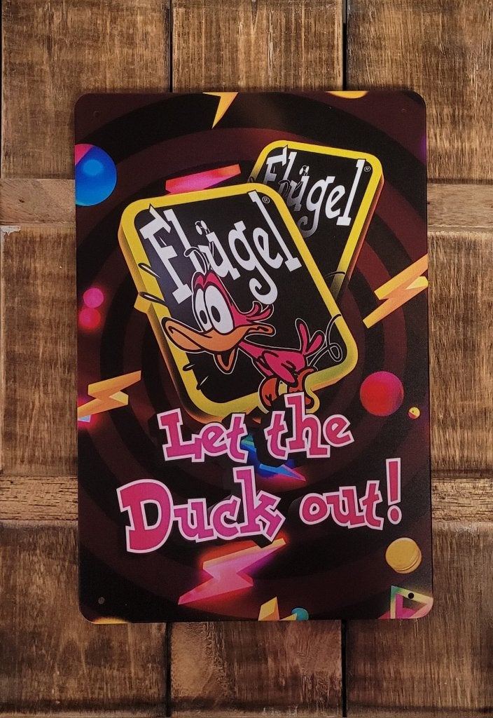 FLugel let the duck out shotje reclamebord van metaal deco, Verzamelen, Merken en Reclamevoorwerpen, Reclamebord, Info@deconoord.nl