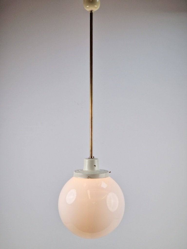 Vintage Art deco bol hanglamp schoollamp kopper stang ‘50, Gebruikt, Vintage, Glas, E27 (groot)