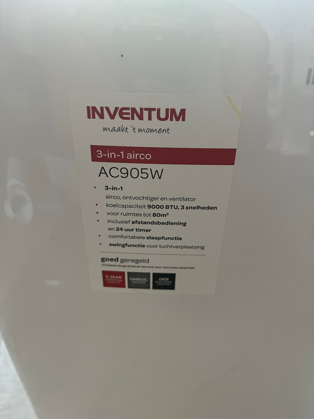 Inventum AC905W 3-in-1 Mobiele Airco met Afstandsbediening, Ophalen, 3 snelheden of meer, Zo goed als nieuw, Koelen en Ontvochtigen