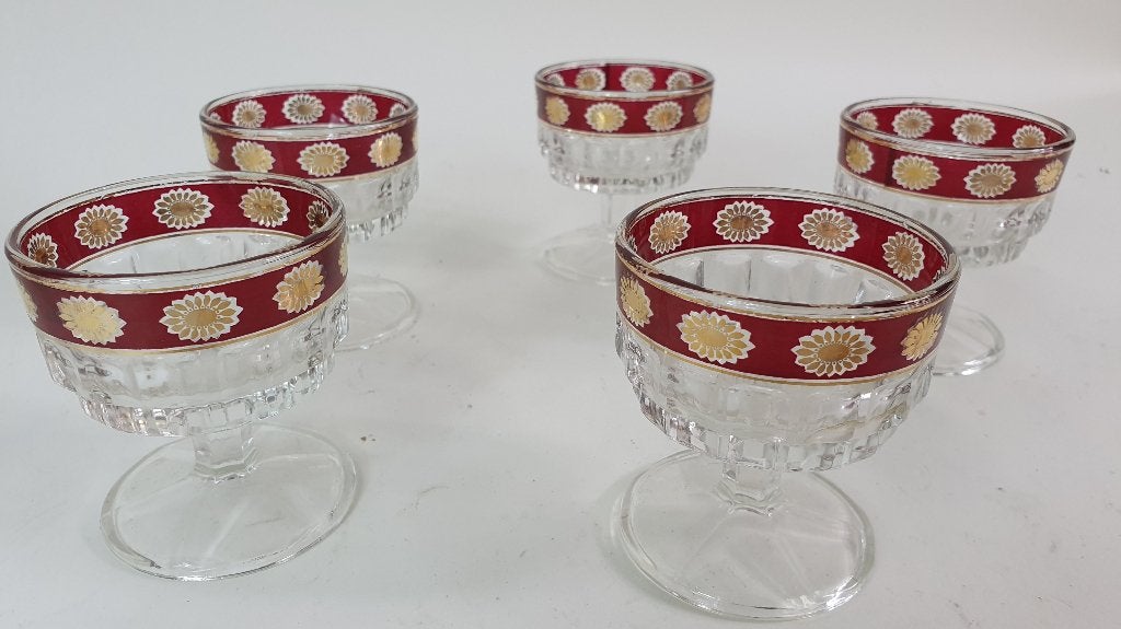 5x vintage Boheems kristal likeurglas, rode rand. 8A5, Ophalen of Verzenden