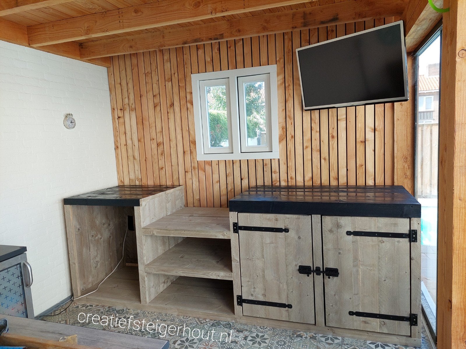 Houten buitenkeuken gas bbq koelkast mancave steigerhout, Verzenden, Nieuw, Gas, Inbouw