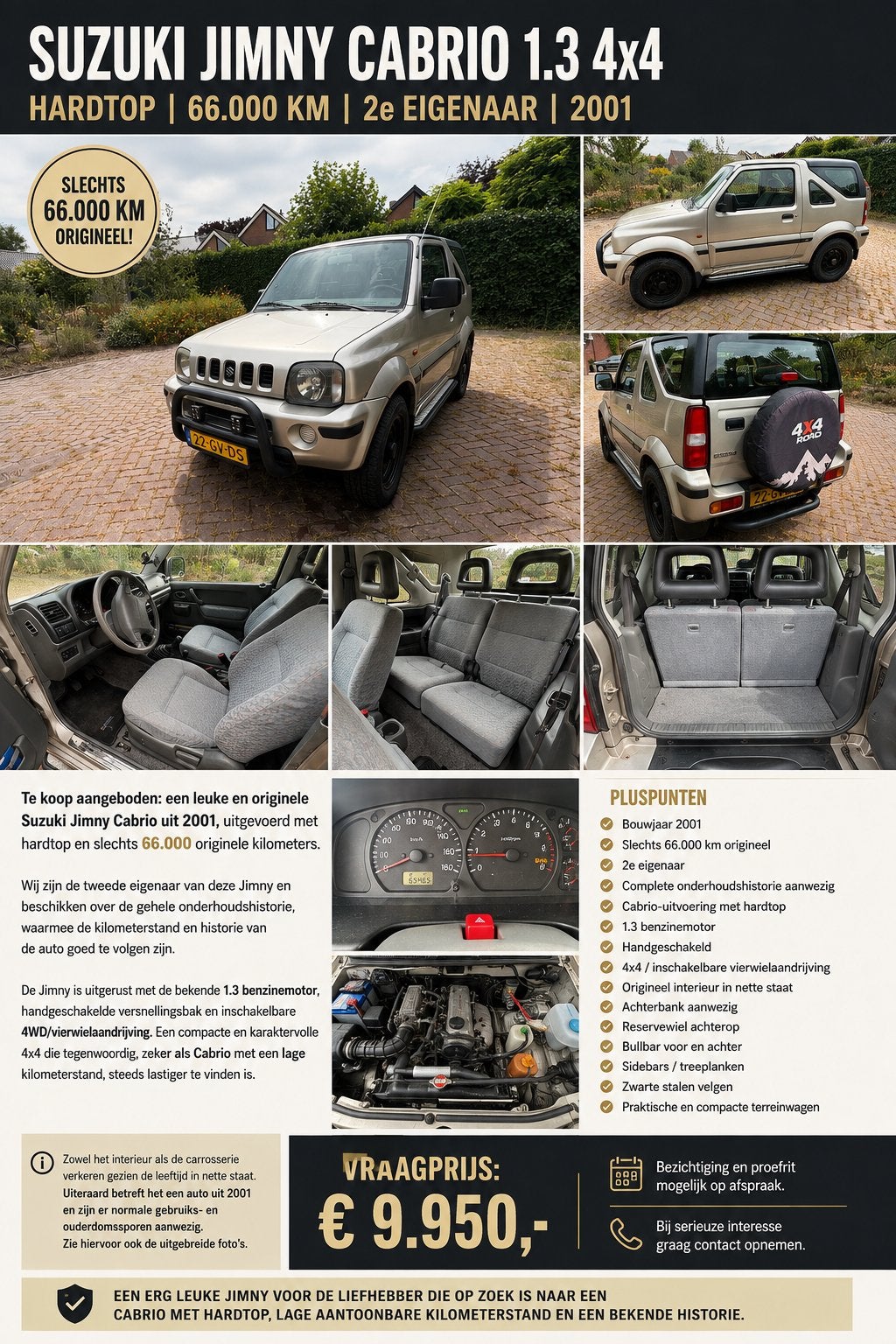 Suzuki Jimny 1.3 Cabrio 4WD 2001 met Hardtop, Auto's, Stof, 40 €/maand, 4 stoelen, Handgeschakeld