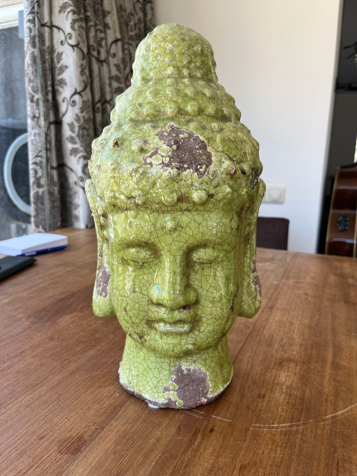 Boeddha hoofd groen craquelé keramiek - Oosters decoratie, Ophalen, Gebruikt, Steen/keramiek, Groen