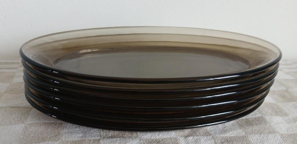 Set van 6 ovale serveerbordjes Arcoroc bruin rookglas, Gebruikt, Ophalen of Verzenden, Overige stijlen, Glas