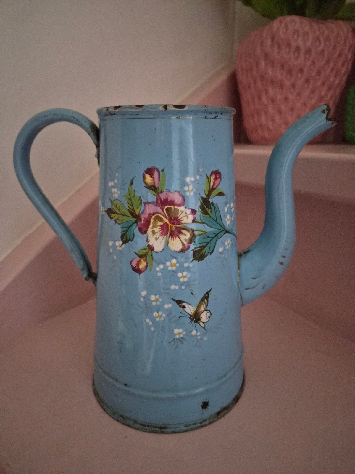 Blauwe Franse koffiepot vlinder viooltjes, Antiek en Kunst, Ophalen of Verzenden