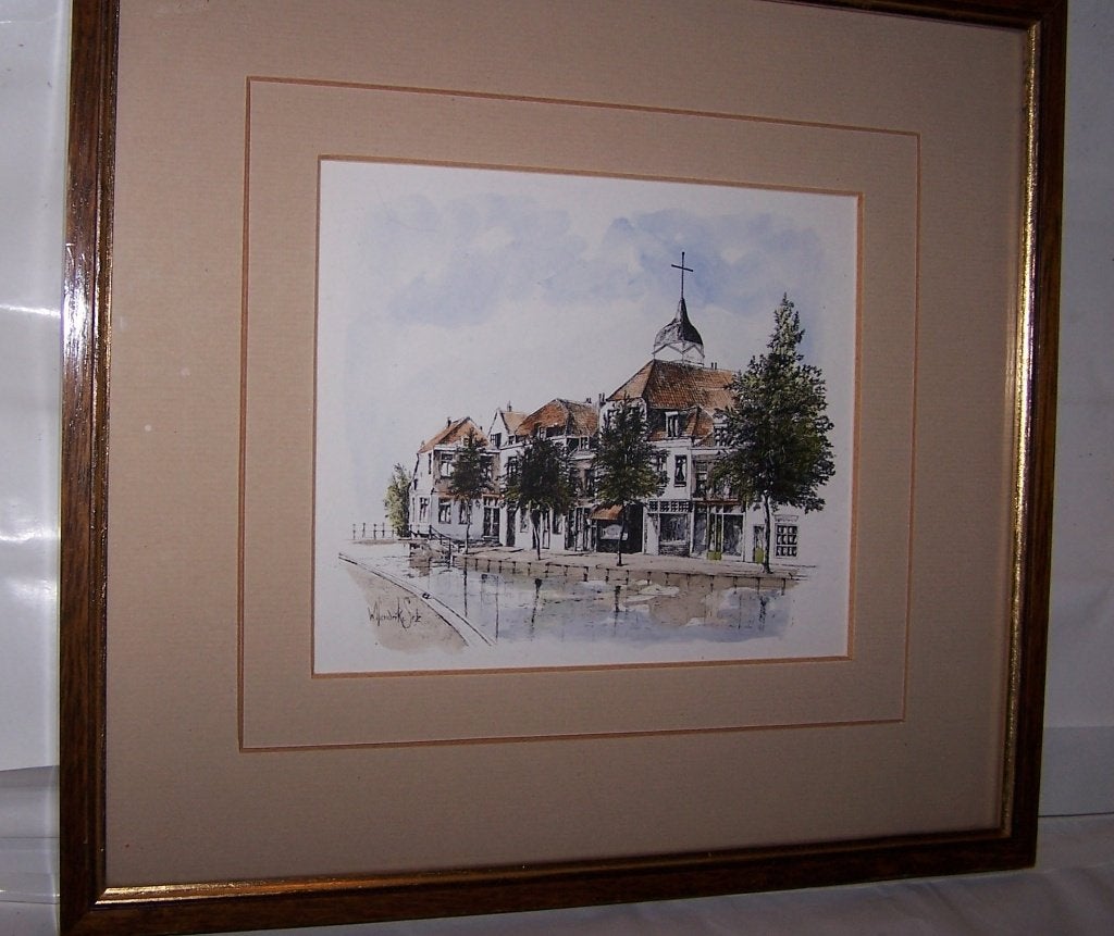Prachtige ingekleurde litho. 30x27cm. Izgs., Antiek en Kunst, Kunst | Litho's en Zeefdrukken, Met glas, Ophalen of Verzenden, Landschappen