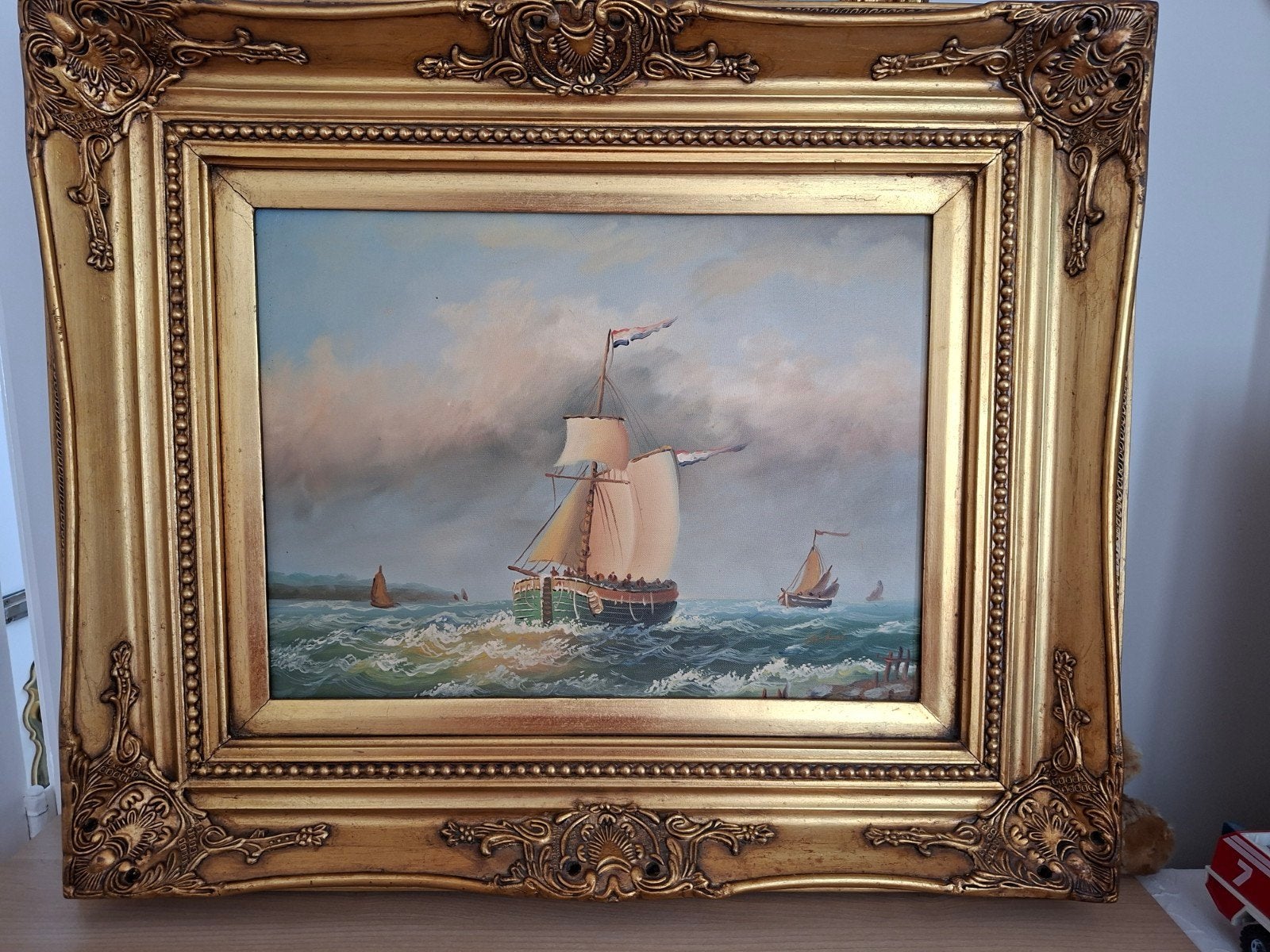 Olieverf op doek: Maritiem tafereel met zeilschepen, Antiek en Kunst, Maritiem / water, Doek, Realistisch, Ophalen of Verzenden