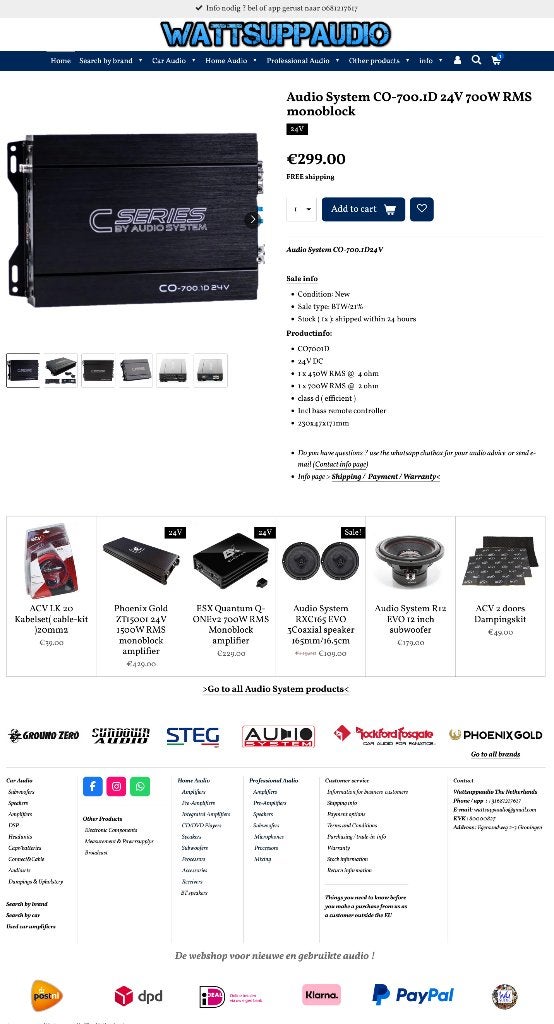 Audio System CO-700.1D 24V 700W RMS monoblok / vrachtwagen, Auto diversen, Autospeakers, Info@optimount.nl, Nieuw, Ophalen of Verzenden