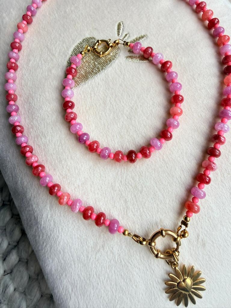 Armband & ketting glaskralen roze & rood, Ophalen of Verzenden, Nieuw, Rood, Overige materialen