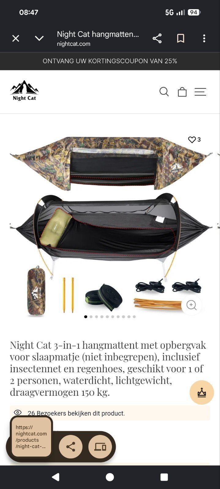 Nightcat lay flat hammock tent, Tuin en Terras, Hangmatten, Ophalen of Verzenden, Zo goed als nieuw