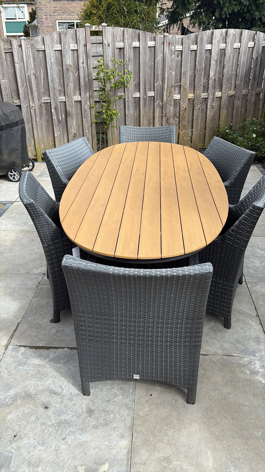 Tuinset tafel polywood maat 240x100 met 6 stoelen, Ophalen, Zo goed als nieuw, Wicker