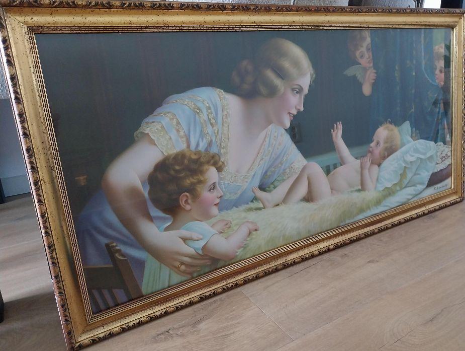 Art Nouveau Lithografie Fr. Laubnitz "De baby van het nest", Ophalen