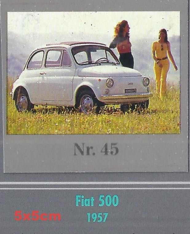 Vp45 verzamelplaatje fiat 500 --- 1957 -- afmeting 5 x 5 cm, Ophalen of Verzenden, Auto's