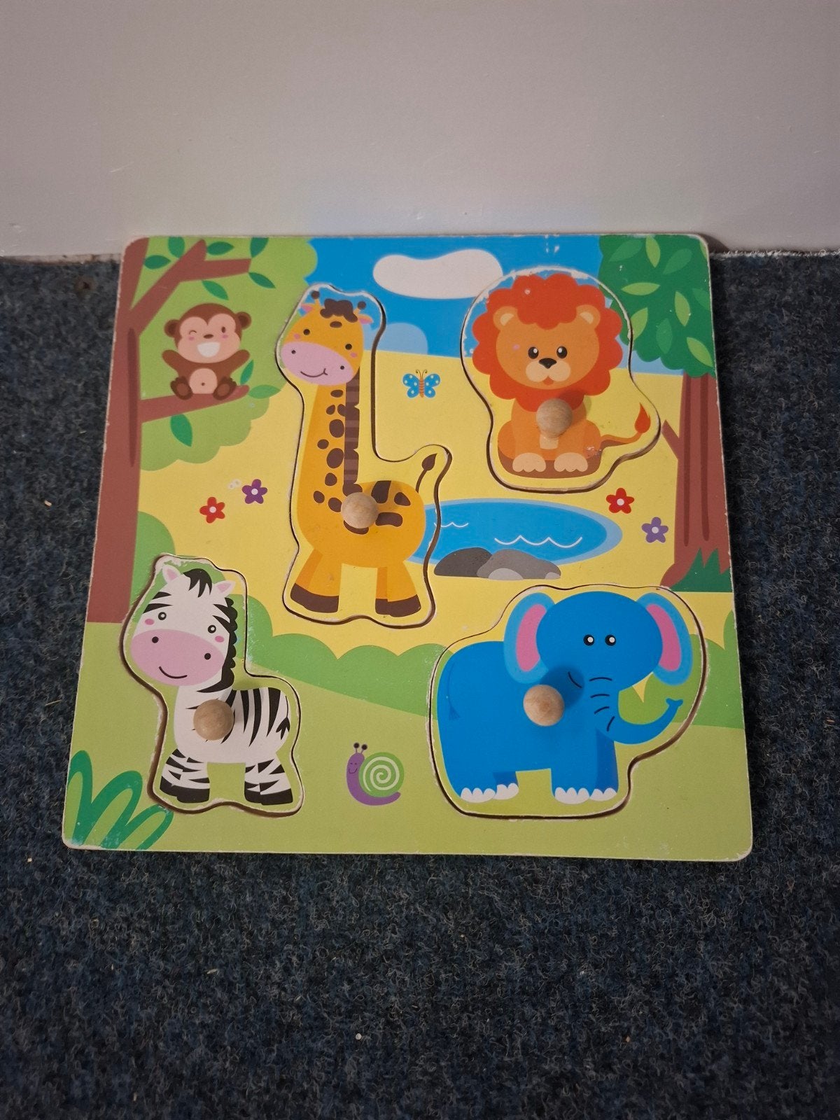 Dierenpuzzel met knoppen | Hout | 4 wilde dieren, Ophalen of Verzenden, Minder dan 10 stukjes, Gebruikt, Van hout
