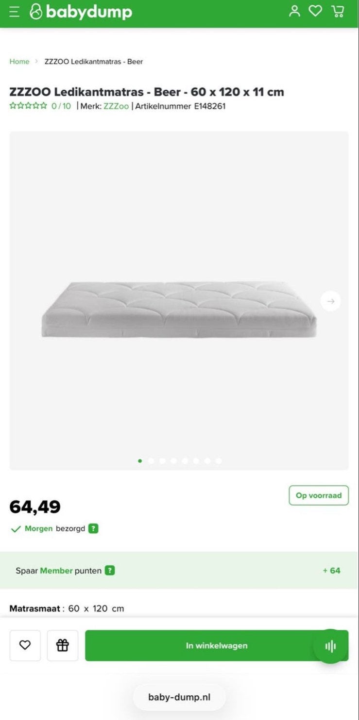 ZZZOO Ledikantmatras - Beer - 60 x 120 x 11 cm, Ophalen, Zo goed als nieuw, Ledikant