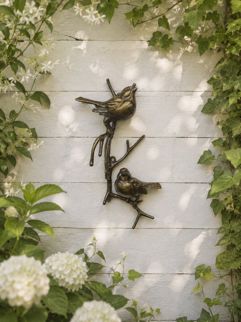 bronzen muurdecoratie / TAK met 2 VOGELS /mussen/verticaal, Huis en tuin decoratie Marie, Nieuw, Info@huisentuindecoratiemarie.nl