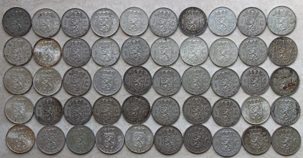 Partij van 50 stuks zilveren 1 gulden Juliana, Postzegels en Munten, 1 gulden, Koningin Juliana, Setje, Zilver