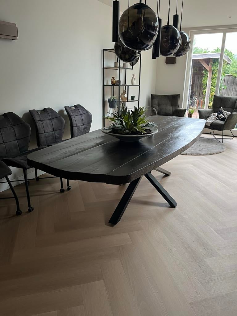 Massief eiken eettafel met spinpoot - 265x100x76cm, Ophalen, Gebruikt, 100 tot 150 cm, Eikenhout